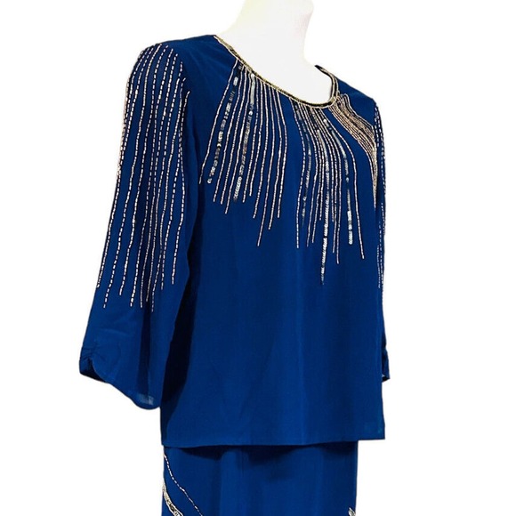 Midnight Velvet Beaded Cobalt Cocktail Formal Dinner Party Midi Skirt Set Suit - Picture 9 of 16